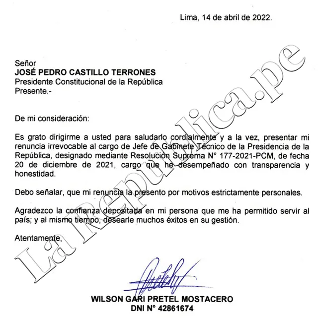 Carta de renuncia de WIlson Pretel. Foto: documento