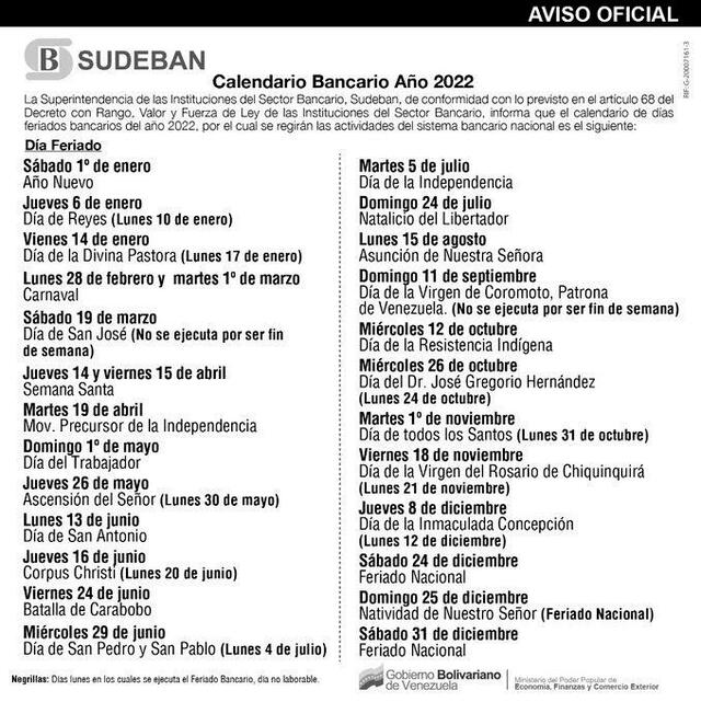 Calendario de feriados bancarios de Sudeban para este 2022