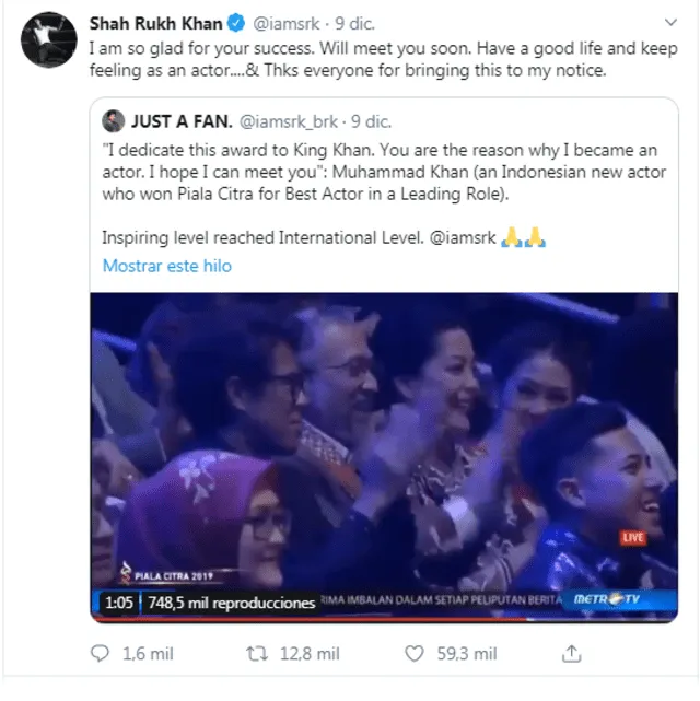 Shah Rukh Khan agradeció la distinción que le hizo el actor indonesio Muhammad Khan. Captura Twitter.