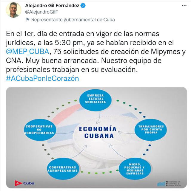 Anuncio del Alejandro Gil, ministro de Economía, con relación a la ley que favorece la creación de Mypes en Cuba. Foto: Alejandro Gil/Twitter