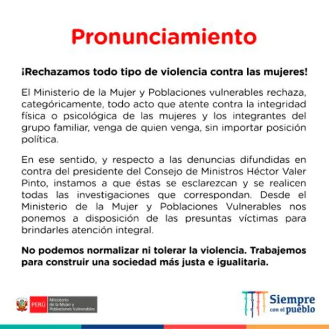 Comunicado del MIMP sobre denuncias de violencia contra Héctor Valer. Foto: Difusión