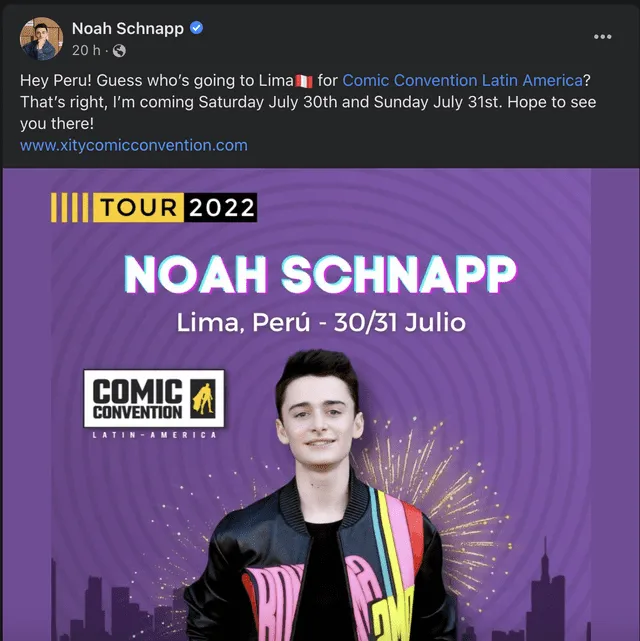 Noah Schnapp estará en la Comic Con Lima 2022 el 30 y el 31 de julio