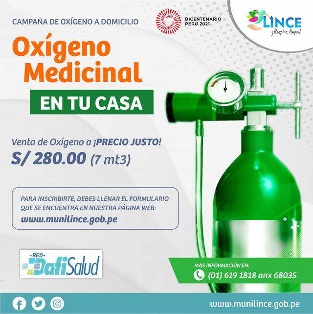 Oxígeno medicinal. Foto: Municipalidad de Lince