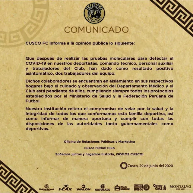 Comunicado del Club Cusco FC, confirmando casos positivos de COVID-19.