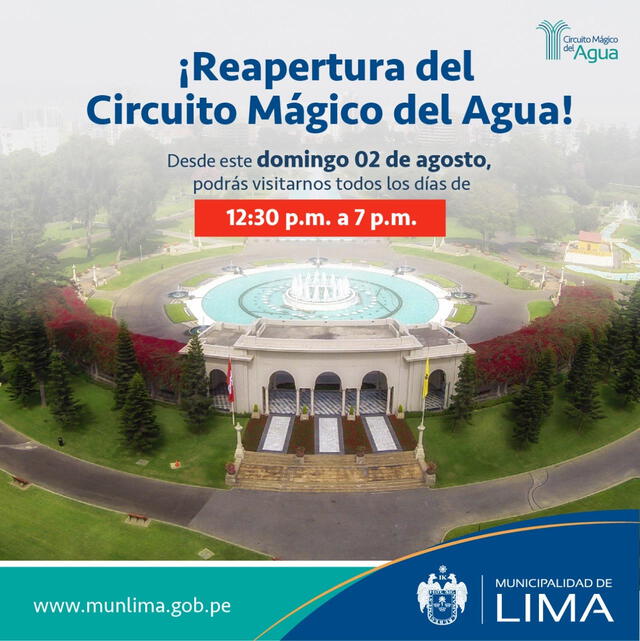 El Circuito Mágico del Agua abrirá sus puertas de lunes a domingos de 12.30 p. m. a 7.00 p. m. (Foto: Circuito Mágico del Agua)