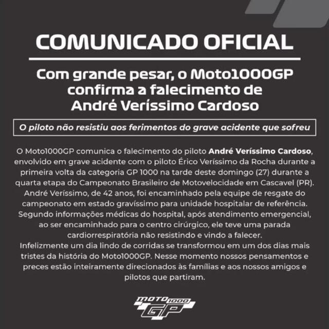 El comunicado oficial de Moto1000GP por la muerte de Cardoso. Foto: @moto1000gp   