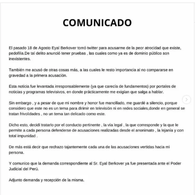 Alfredo Benavides comunica que demandó a Eyal Berkover. Foto: Instagram/Alfredo Benavides   