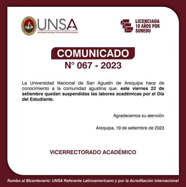  Comunicado. Foto: UNSA   