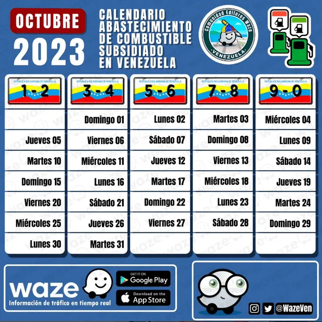 Cronograma de gasolina subsidiada en Venezuela. Foto: Waze Venezuela/Facebook