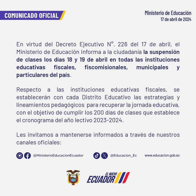 Las clases en Ecuador quedan suspendidas los días 18 y 19 de abril. Foto: Ministerio de Educación de Ecuador/X   