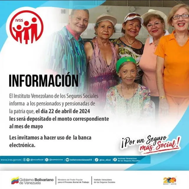 Anuncio del pago de la pensión IVSS para mayo 2024. Foto: IVSS   