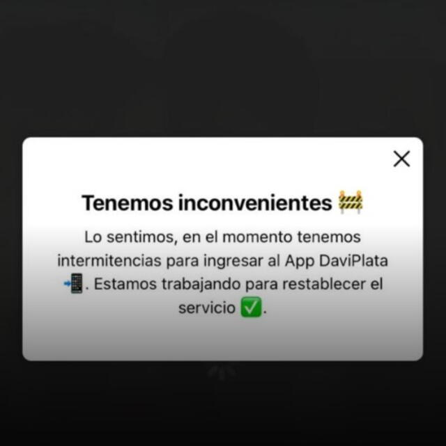 Mensaje que aparece en las plataformas de Davivienda y DaviPlata. Foto: DaviPlata   