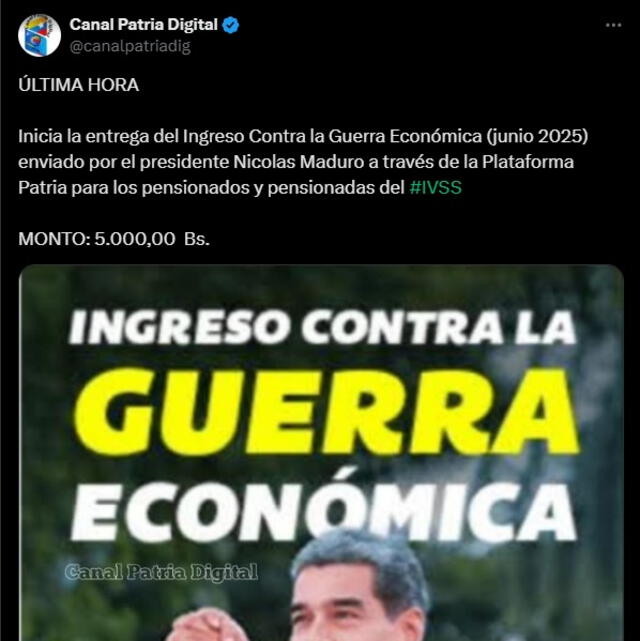 Anuncio del Bono de Guerra de junio 2025 para pensionados. Foto: Canal Patria Digital Anuncio del Bono de Guerra de junio 2025 para pensionados. Foto: Canal Patria Digital