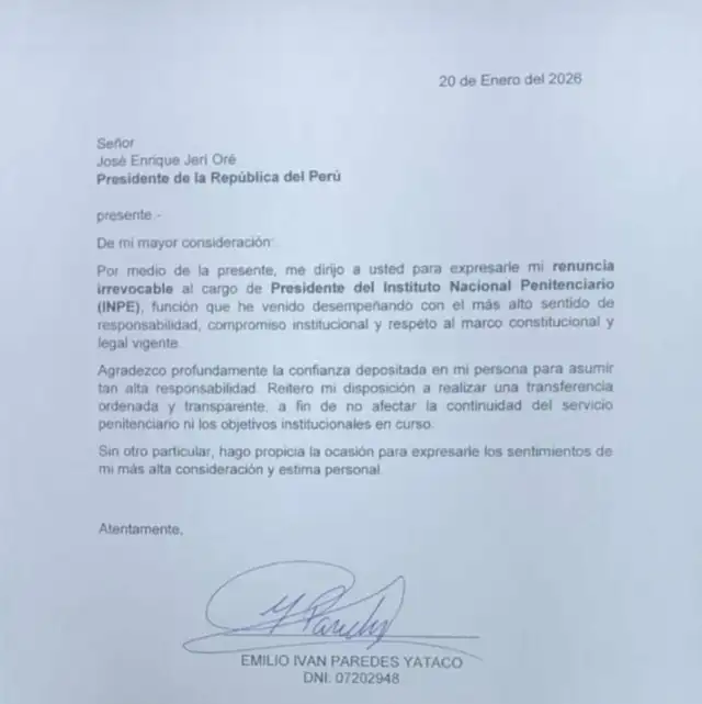 Carta de renuncia. Foto: difusión   