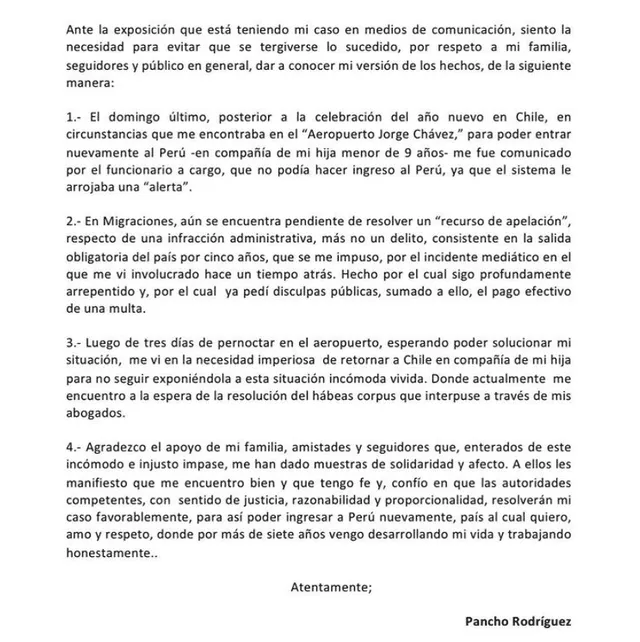 Pancho Rodríguez presenta comunicado sobre su situación legal. Foto: Instagram/Panchito Rodríguez