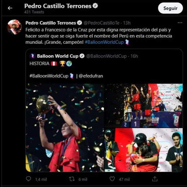Saludo del Presidente Castillo a Francesco de la Cruz. Foto: Twitter oficial de Pedro Castillo