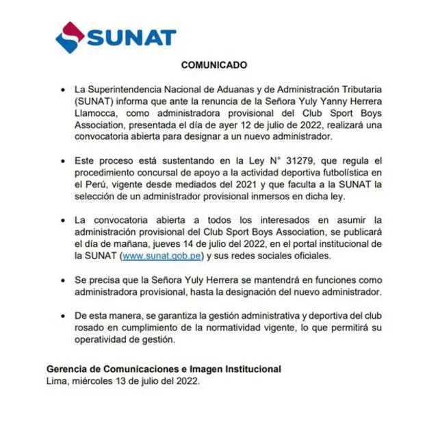 Comunicado que confirma la renuncia de Yuly Herrera. Foto: Sunat