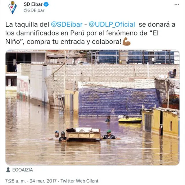 Anuncio de ayuda del club español a damnificados en Perú. Foto: captura de @SDEibar/Twitter