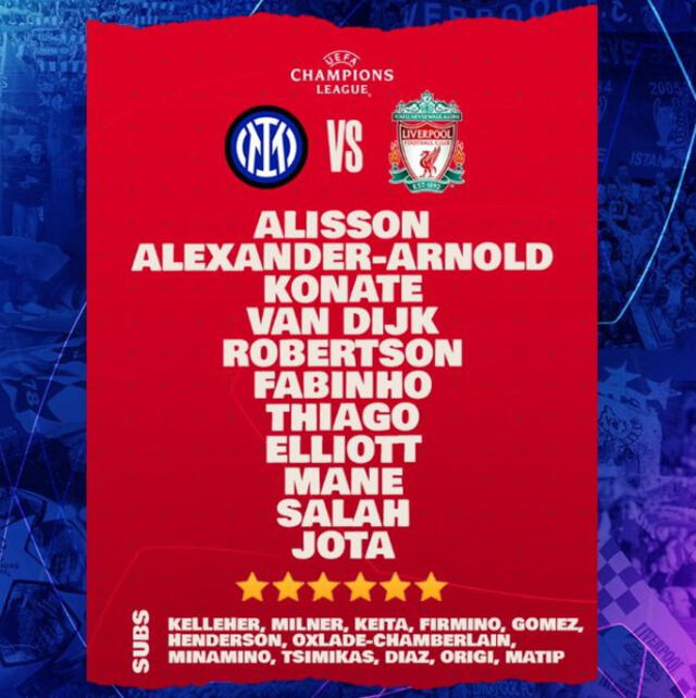 Alineación oficial. Foto: Liverpool FC