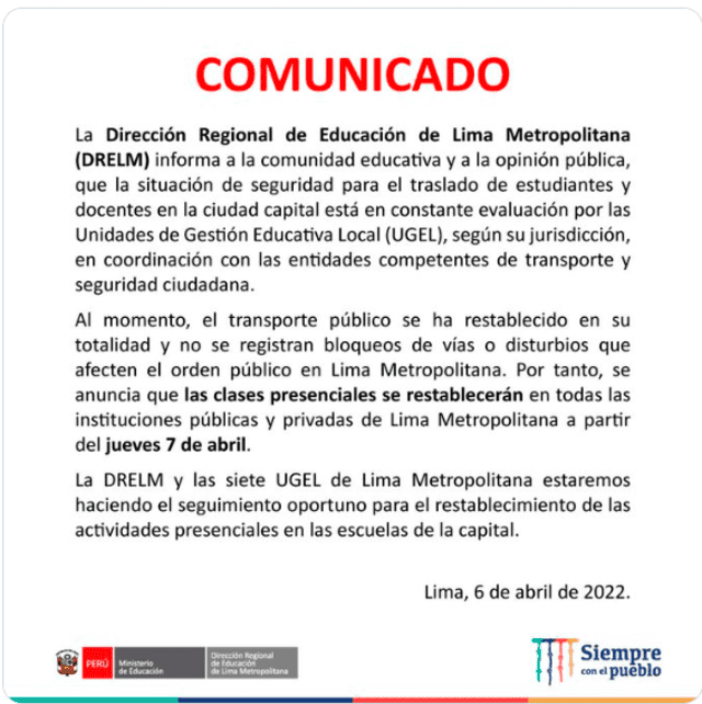 Comunicado Dirección Regional de Educación de Lima Metropolitana. Foto: Twitter