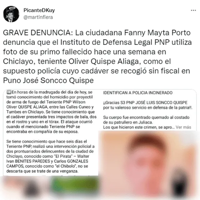 Publicación viral que recoge la denuncia de Fanny Yanide. Esta vez usa las fotos de ambos policías, José Luis Soncco y Oliver Quispe Aliaga. Esta asociación induce al error Publicación viral que recoge la denuncia de Fanny Yanide. Esta vez usa las fotos de ambos policías, José Luis Soncco y Oliver Quispe Aliaga. Esta asociación induce al error