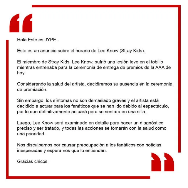 Comunicado de JPY sobre la salud de un miembro de Stray Kids. 26 de noviembre 2019.