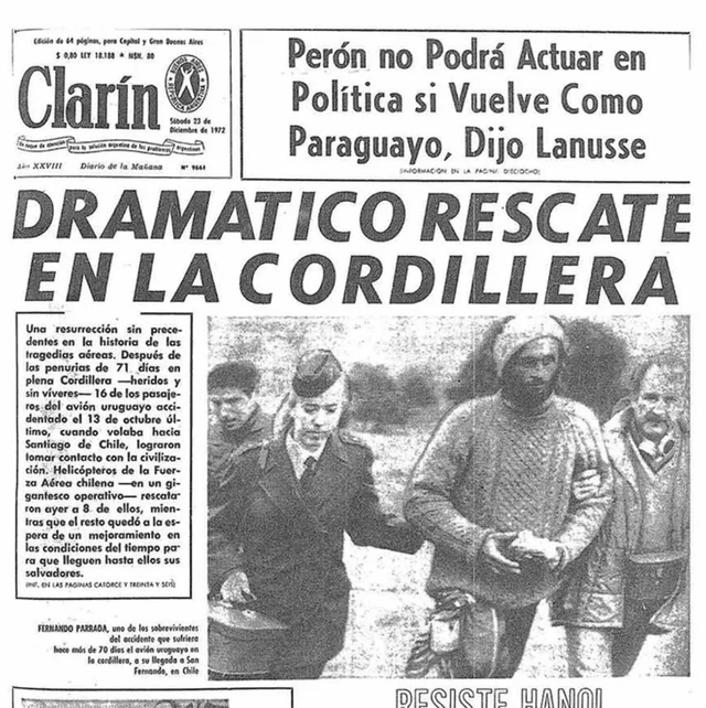  Así informó El Clarín sobre la tragedia de los Andes. Foto: Clarín<br>    