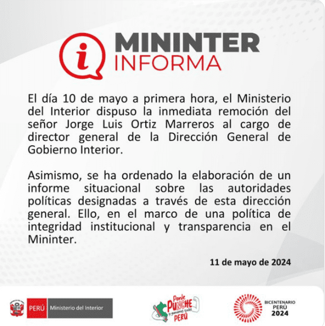 Ministerio del Interior confirma la salida de Jorge Ortiz Marreros    