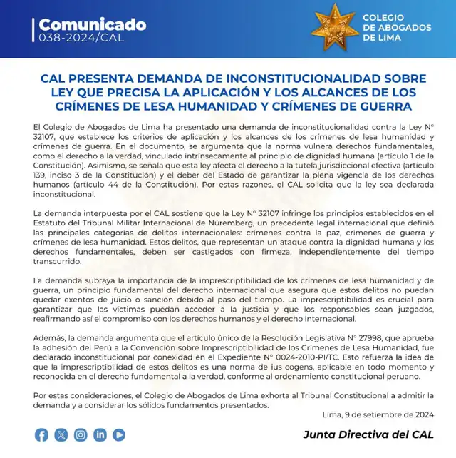 Comunicado del Colegio de Abogados de Lima. Comunicado del Colegio de Abogados de Lima.