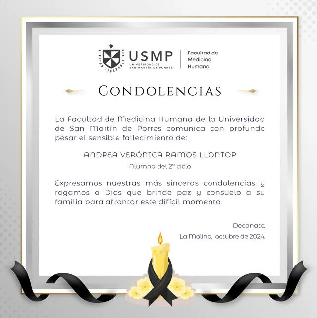  Comunicado de condolencias de la USMP. Foto: USMP.   