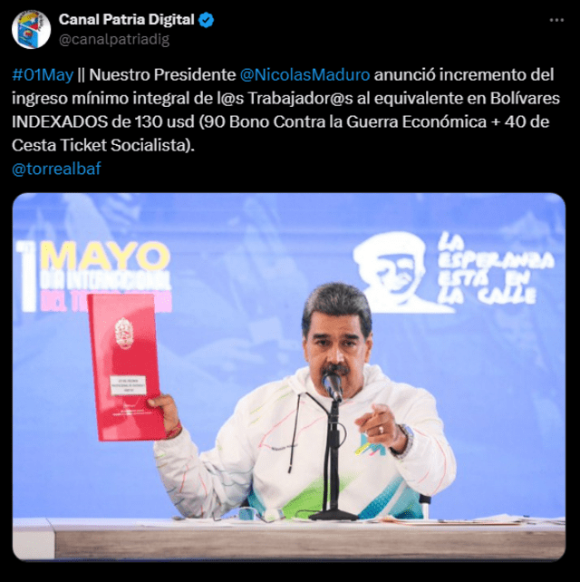 Nicolás Maduro aumentó los montos del Bono de Guerra y Cestaticket el 1 de mayo de 2024. Foto: Canal Patria Digital/ X