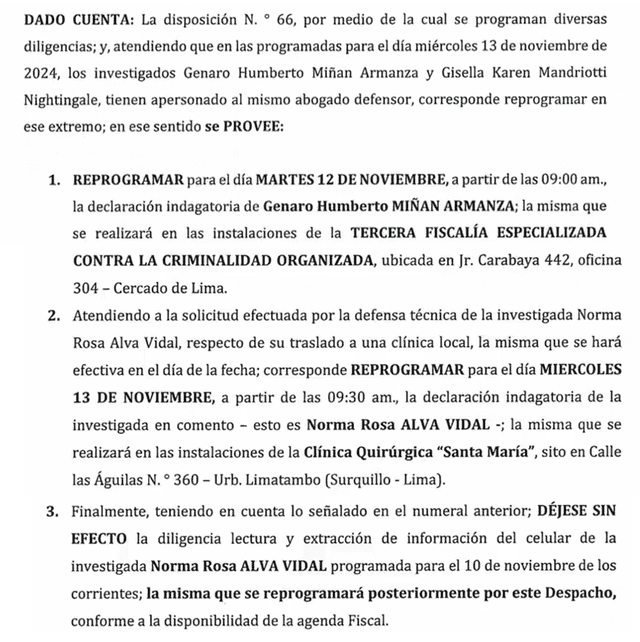  Documento del Ministerio Público que reprograma diligencias para dos investigados en el caso 'Los Galácticos del Fútbol.   