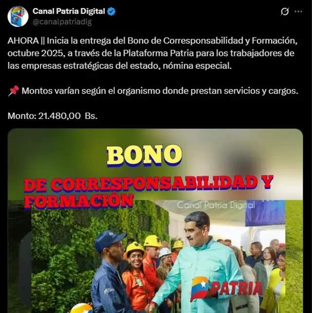 Anuncio del Bono Corresponsabilidad y Formación de octubre 2025. Foto: Canal Patria Digital   