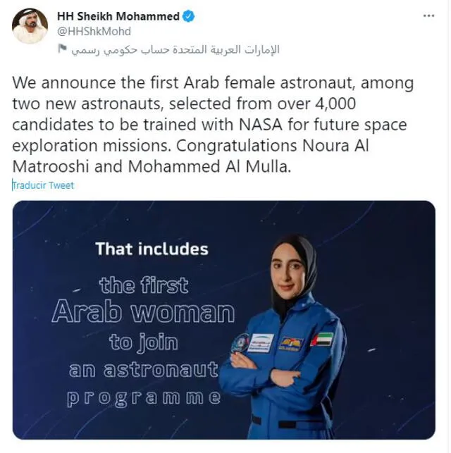 Primera mujer árabe es elegida como astronauta. Foto: captura/Twitter/  HH Sheikh Mohammed