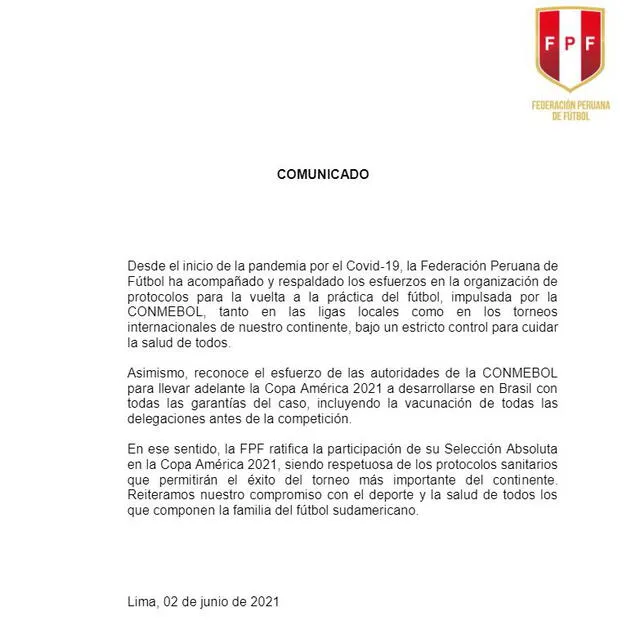 Comunicado de la Federación Peruana de Fútbol. Foto: FPF