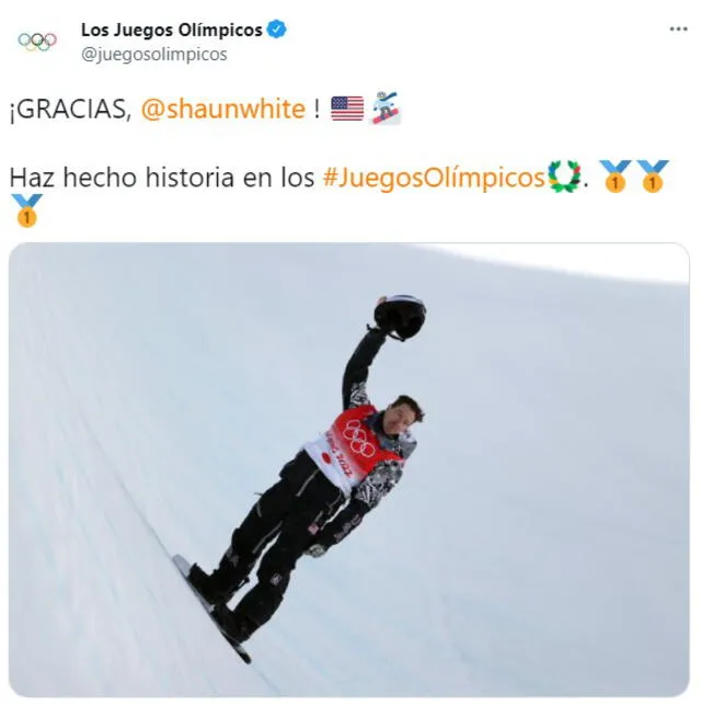 La cuenta oficial de los Juegos Olímpicos felicitaron a Shaun White. Foto: Twitter