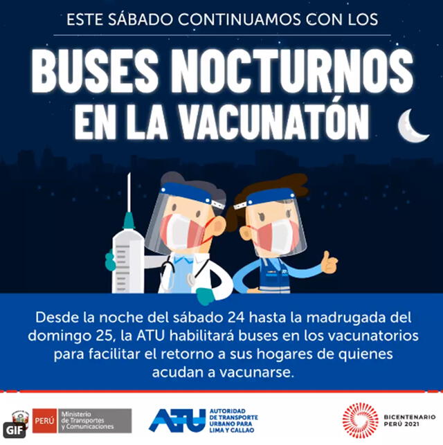 Buses nocturnos en la vacunatón de la ATU para la ciudadanía. Foto: ATU