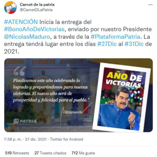 Bono Año de Victorias en Venezuela es otorgado por el Gobierno de Nicolás Maduro. Foto: captura/Twitter