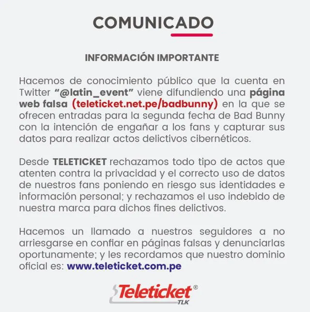 Teleticket emitió comunicado respecto a las entradas de los conciertos de Bad Bunny.