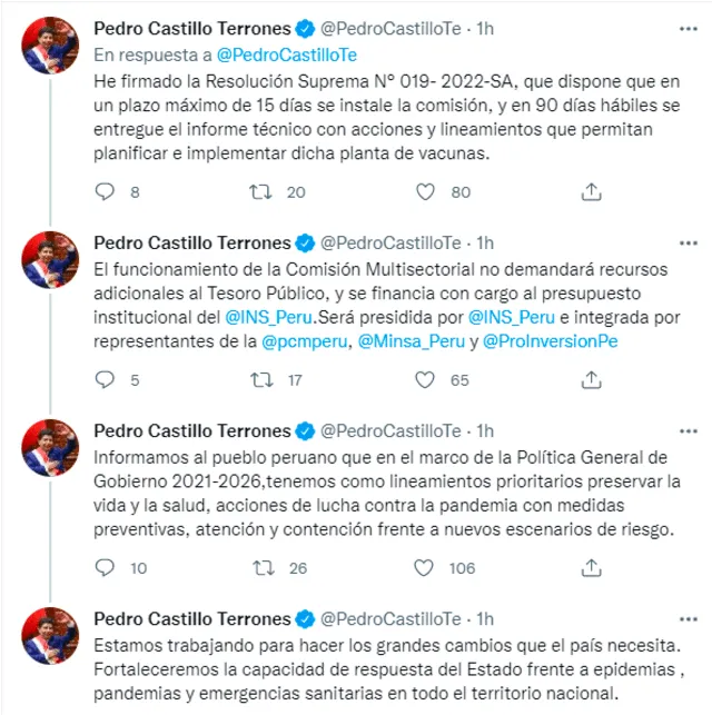 Pedro Castillo usó las redes sociales para referirse a la planta de planta de producción de vacunas en el país. Foto: Twitter