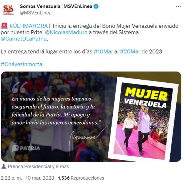  El Bono Mujer Venezuela se podrá recibir hasta el 20 de marzo. Foto: Twitter/ MSVEnLínea   