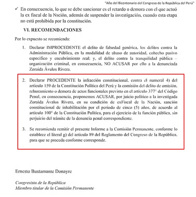 Informe final de la denuncia constitucional contra Zoraida Ávalos. Foto: Congreso   