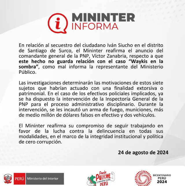 Comunicado del Ministerio del Interior   