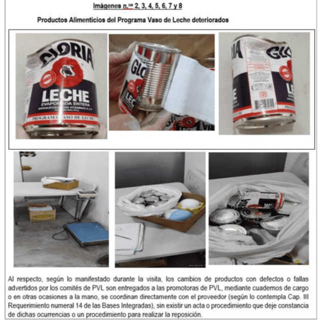 Estado de las latas que contienen leche evaporada destinada al programa. Foto: Contraloría    Estado de las latas que contienen leche evaporada destinada al programa. Foto: Contraloría