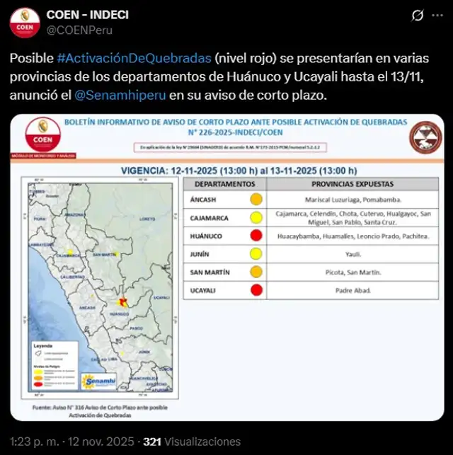 Alerta de precipitaciones en Huánuco y Ucayali. Fuente: Centro de Operaciones de Emergencia Nacional del INDECI Alerta de precipitaciones en Huánuco y Ucayali. Fuente: Centro de Operaciones de Emergencia Nacional del INDECI