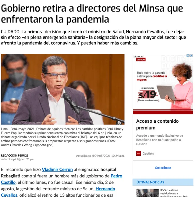 Gobierno retira a directores del Minsa que enfrentaron la pandemia. Perú 21. 4 de agosto, 2021.