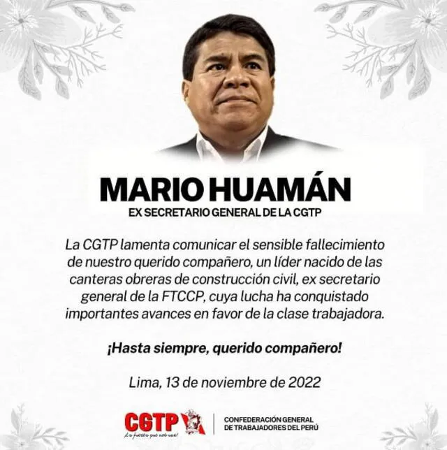 Mario Huamán: CGTP lamentó el deceso de su ex secretario general