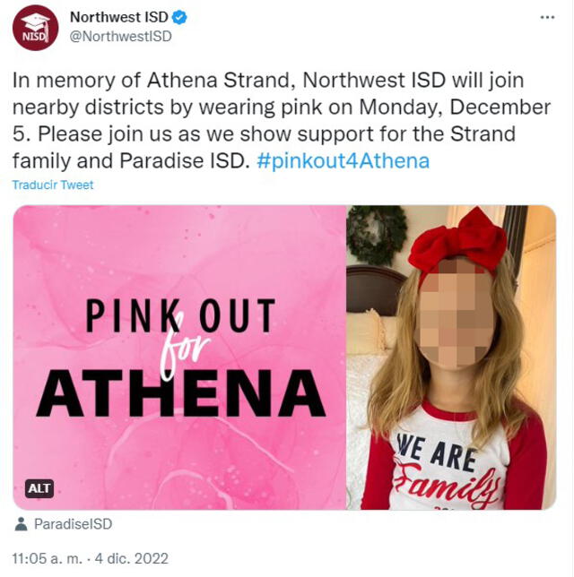Se viene promoviendo la campaña #Pinkout4Athena, en honor de Athena Strand. Foto: captura @NorthwestISD /Twitter