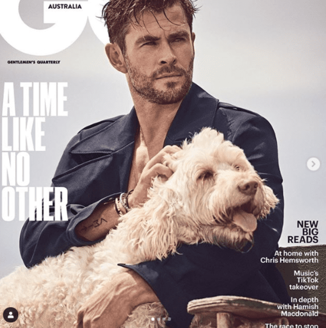 Chris Hemsworth en portada de GQ con su perro. Foto: Instagram.
