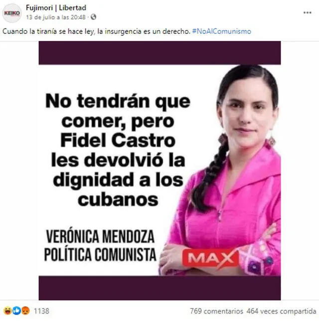 La imagen de Verónika Mendoza aparece al costado de este texto: “No tendrán comida, pero Fidel Castro les devolvió la dignidad a los cubanos”. Foto: captura en Facebook.